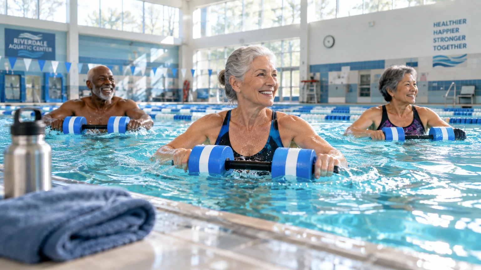 Three smiling senior adults exercising in an indoor pool using blue and white water dumbbells during an aerobics class.