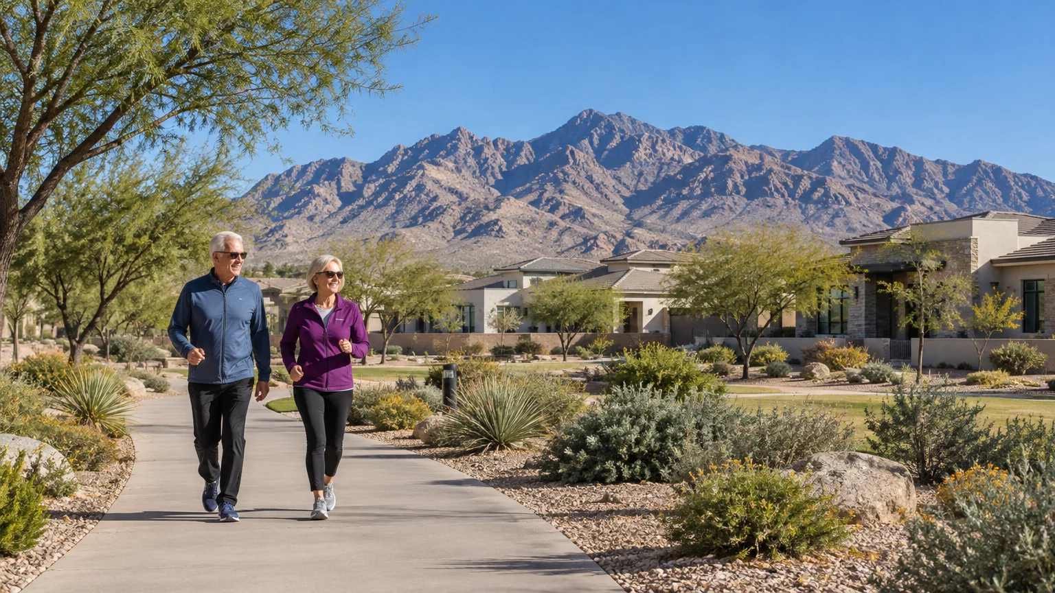 An older couple walks along a paved pathway in a desert community with rugged mountains in the background.