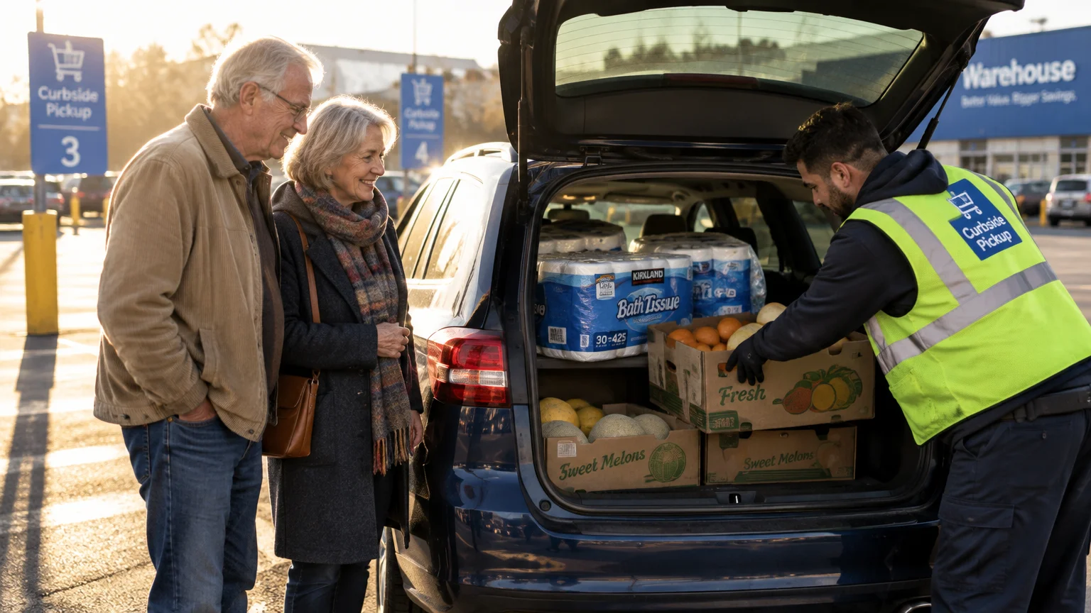 A worker in a curbside pickup vest loads groceries into a car trunk for an older couple in a parking lot.