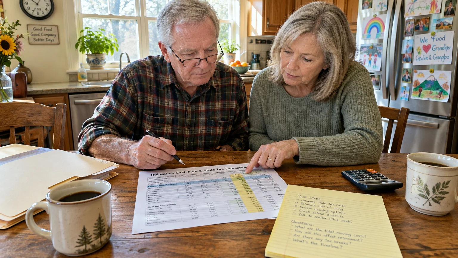 Senior couple reviewing a relocation cash flow spreadsheet and handwritten notes at a wooden kitchen table.