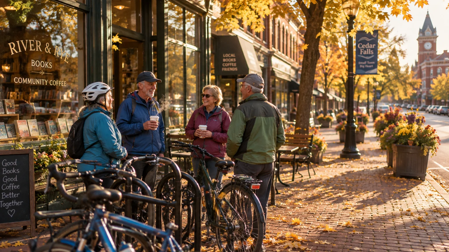 Older adults chat with coffee outside a bookstore on a brick sidewalk lined with autumn trees and parked bicycles.