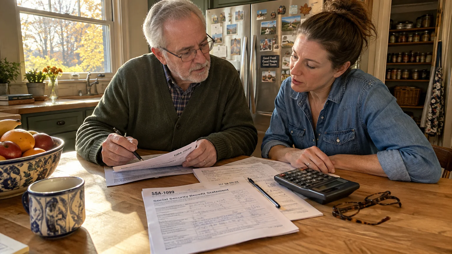 A senior man and younger woman review tax forms and an SSA-1099 Social Security benefit statement at a kitchen table.