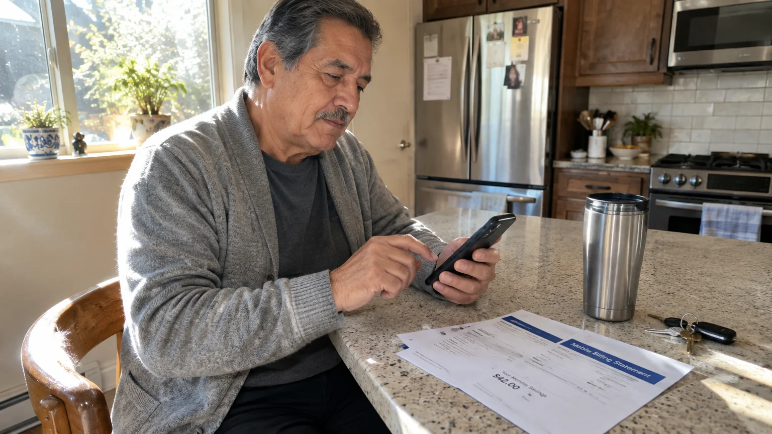 An older man sitting at a kitchen counter looks at his smartphone beside a printed mobile billing statement.