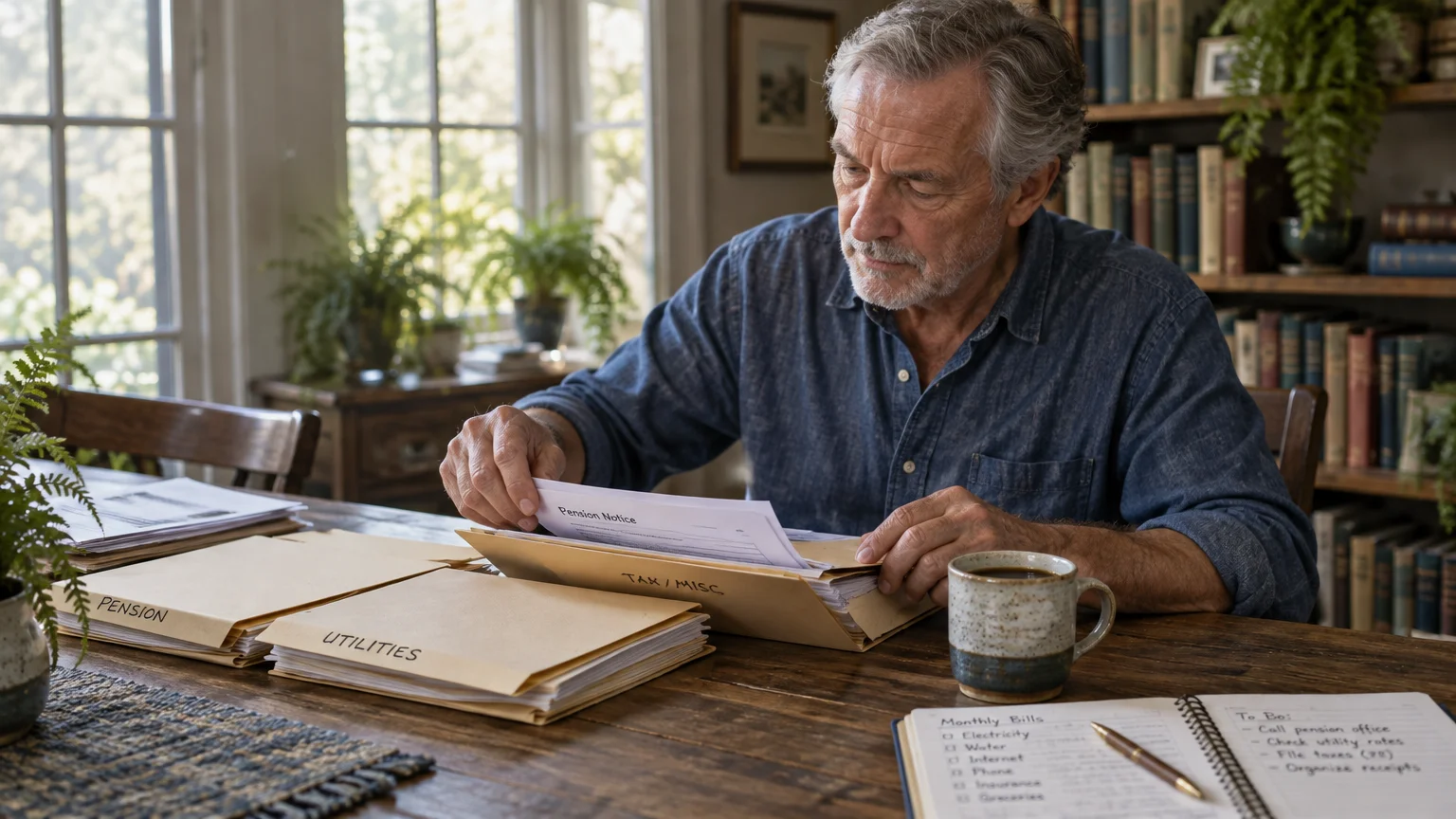 Senior man sitting at a wooden table sorting financial documents into labeled folders beside a mug and notebook.