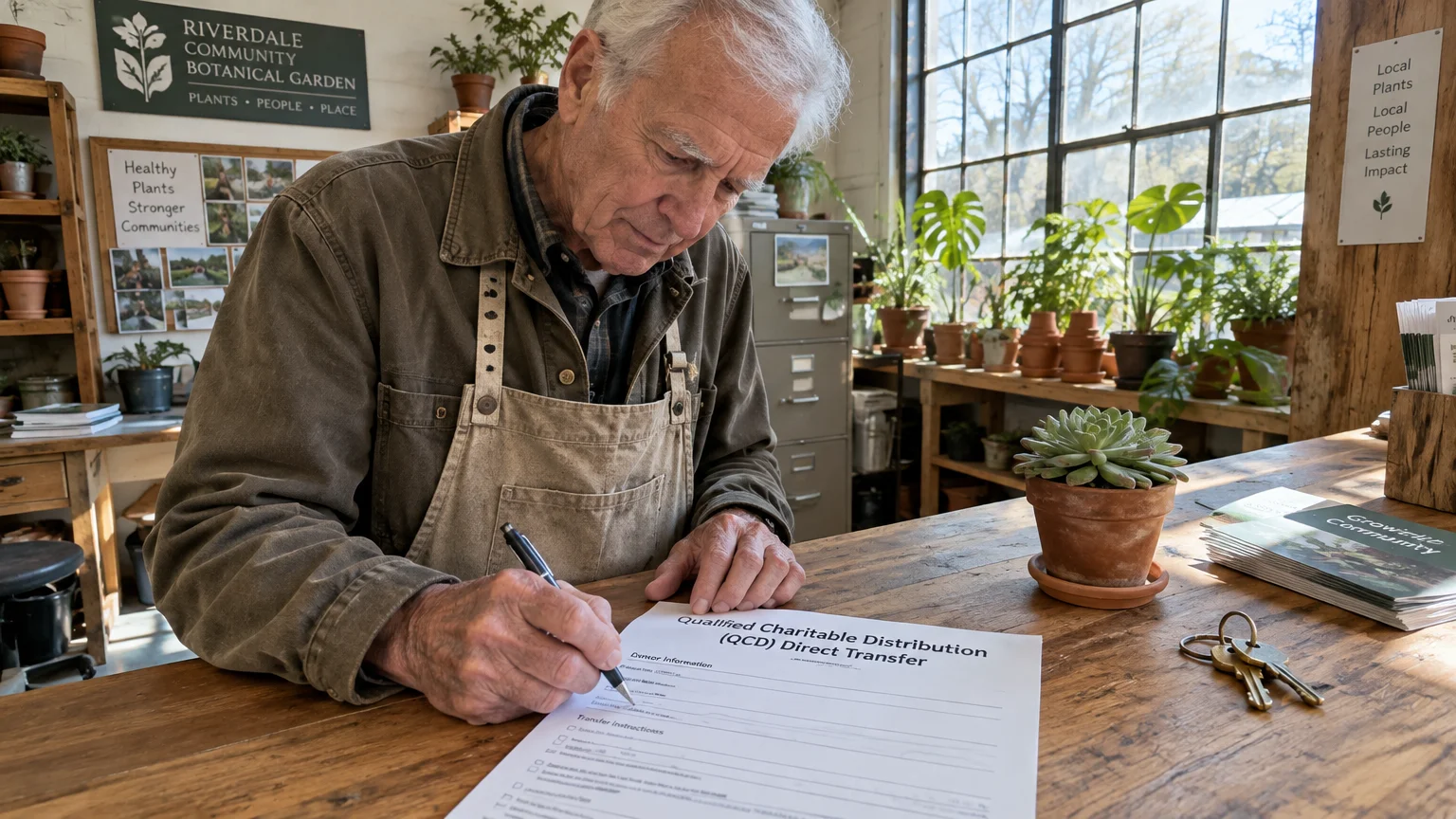 An older man in an apron sits at a wooden table and writes on a Qualified Charitable Distribution transfer form.