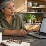 A woman sits at a kitchen counter inserting a hardware security key into her laptop for two-factor authentication.