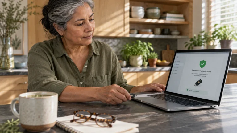 A woman sits at a kitchen counter inserting a hardware security key into her laptop for two-factor authentication.