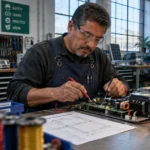 Mature man wearing safety glasses and an apron tests a solar power inverter circuit board in an electronics workshop.