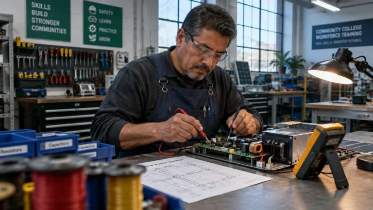 Mature man wearing safety glasses and an apron tests a solar power inverter circuit board in an electronics workshop.
