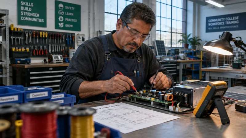 Mature man wearing safety glasses and an apron tests a solar power inverter circuit board in an electronics workshop.