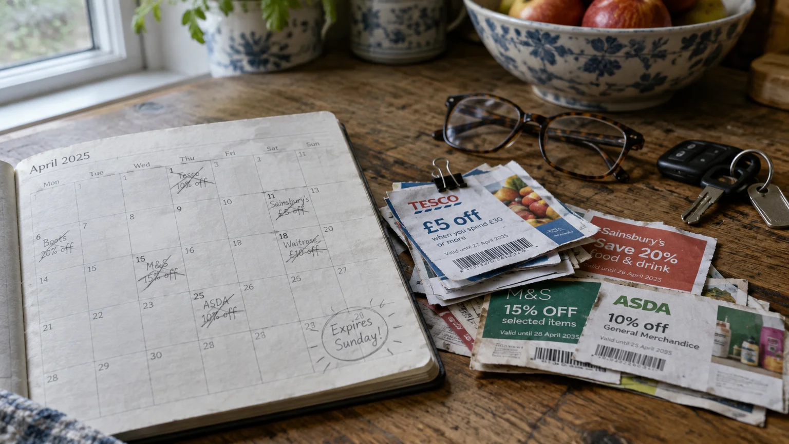 An open calendar planner tracking discount dates alongside clipped grocery store coupons, eyeglasses, and keys on a table.