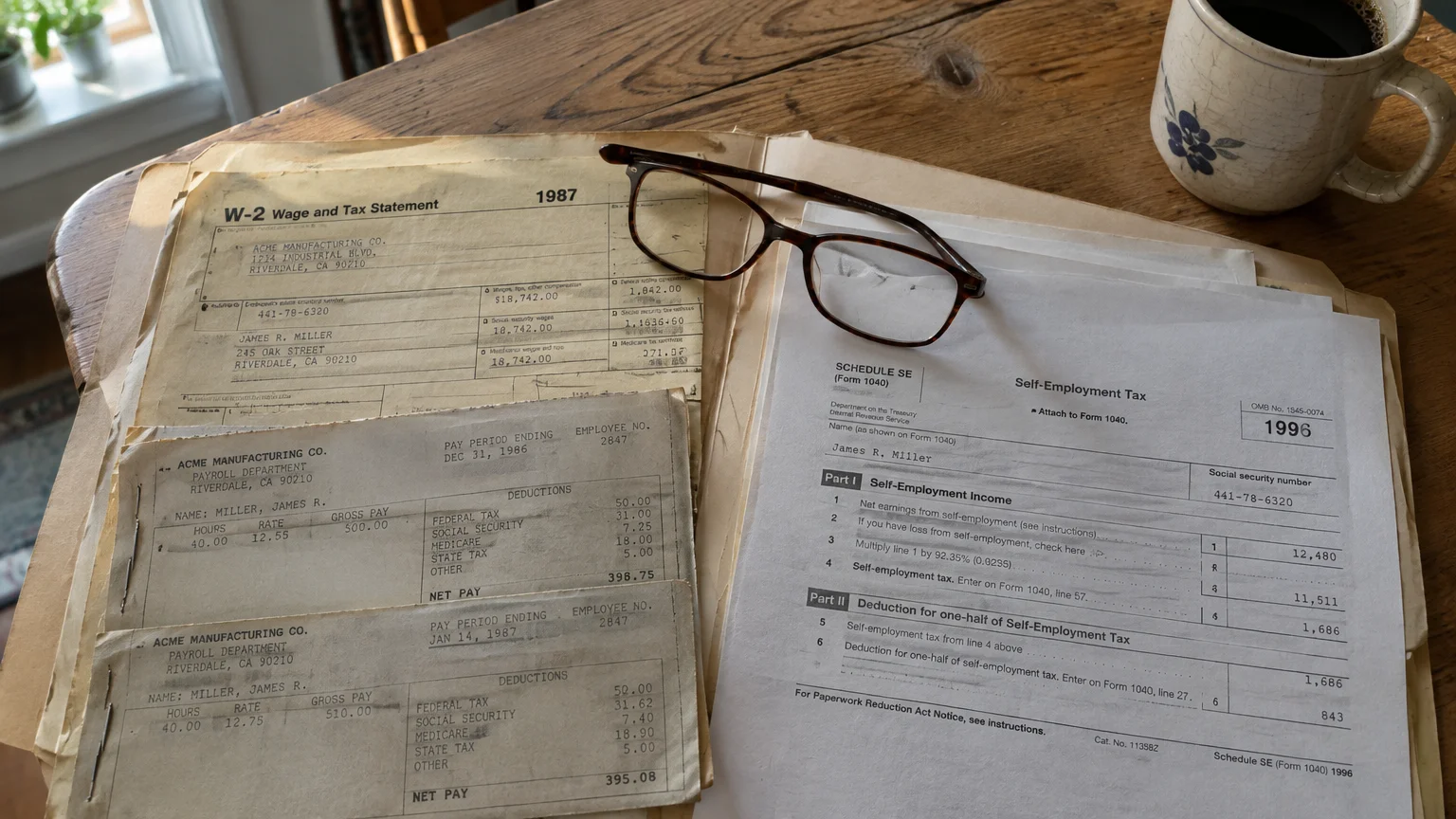 A folder on a wooden desk holding vintage W-2 forms, pay stubs, a Schedule SE tax document, eyeglasses, and a coffee mug.
