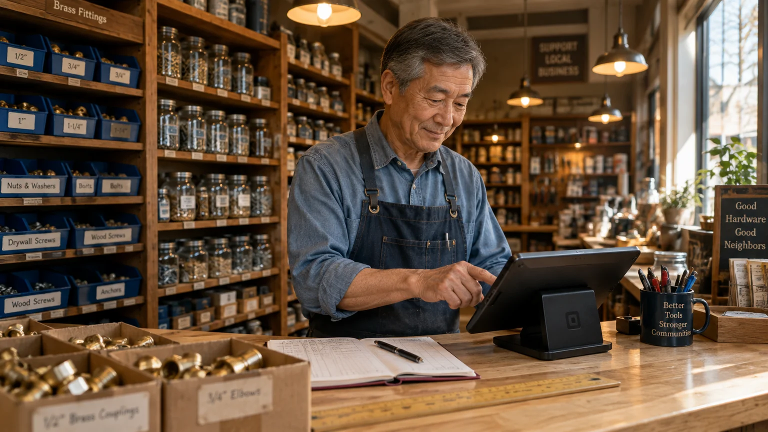 An older man in an apron operates a digital register on a wooden counter inside a hardware store.