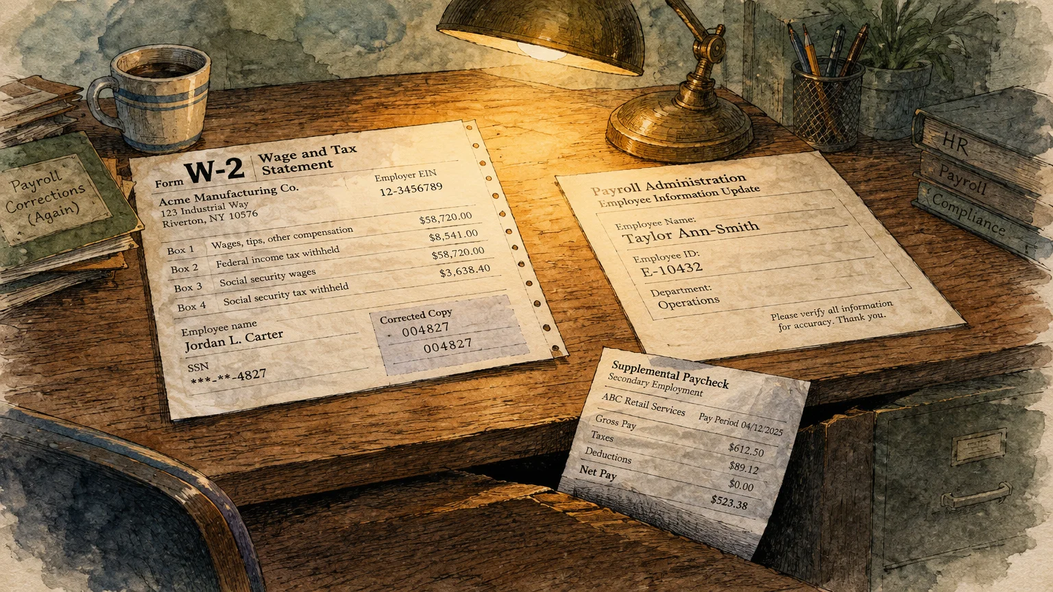 Watercolor illustration of a desk under a lamp with a W-2 tax statement, payroll form, and paycheck slip.