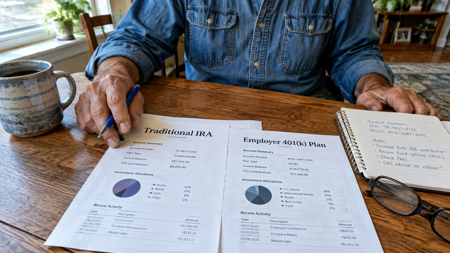 A person reviewing printed statements for a Traditional IRA and an Employer 401(k) Plan on a wooden table.