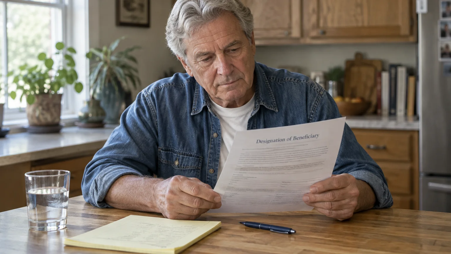 An older man in a denim shirt sits at a wooden kitchen table reading a Designation of Beneficiary document.
