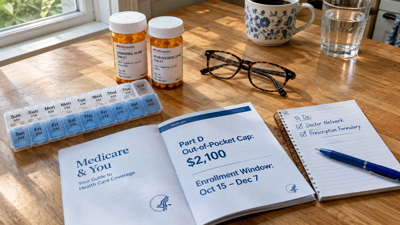 Medicare booklet on a wooden table alongside prescription pill bottles, a pill organizer, glasses, and a notepad.