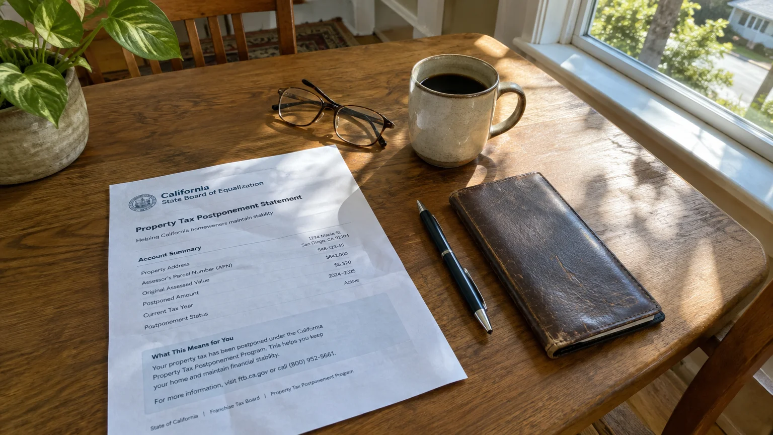 A California Property Tax Postponement Statement sits on a wooden table beside a coffee mug, eyeglasses, and a pen.