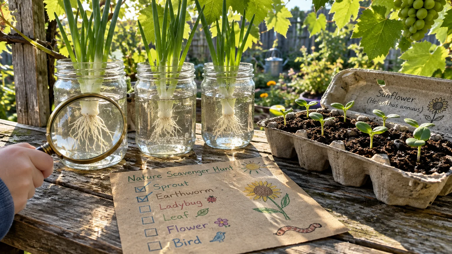 Green onions rooting in glass jars, seedlings in an egg carton, a magnifying glass, and a scavenger hunt checklist outdoors.