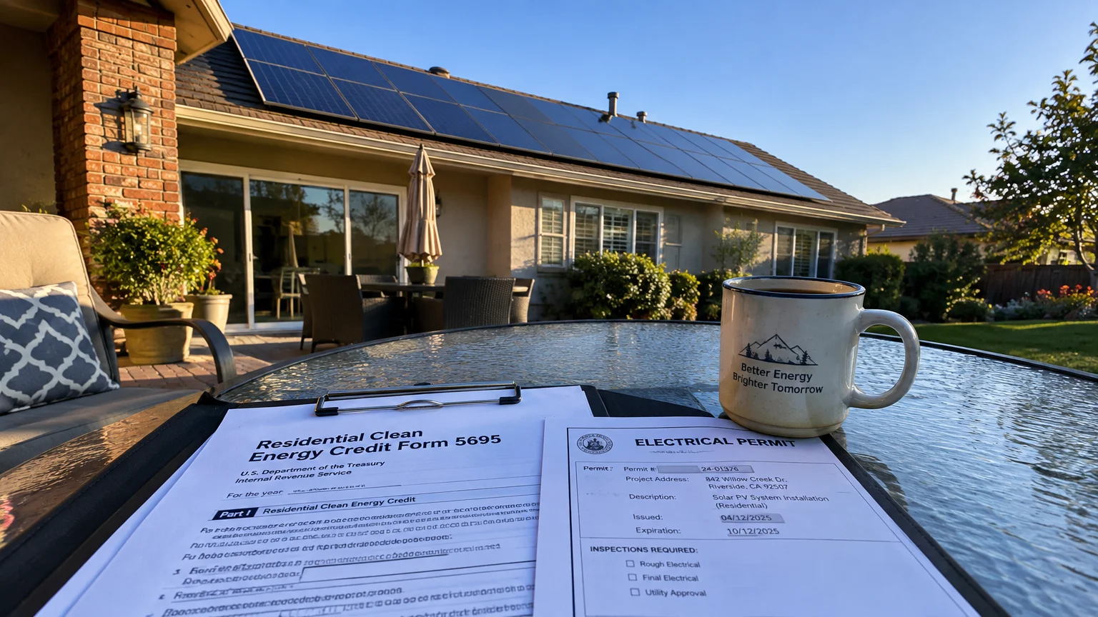 Tax Form 5695, an electrical permit, and a coffee mug on a patio table with rooftop solar panels visible behind.