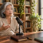 A mature woman with grey hair speaks into a desk microphone in a sunlit room filled with books and plants.