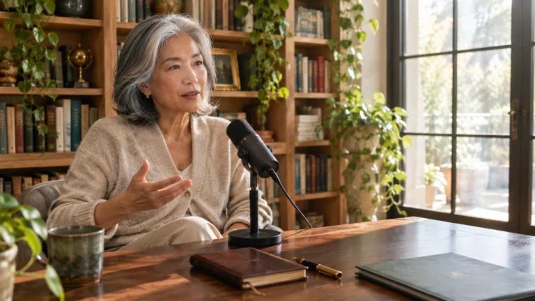 A mature woman with grey hair speaks into a desk microphone in a sunlit room filled with books and plants.