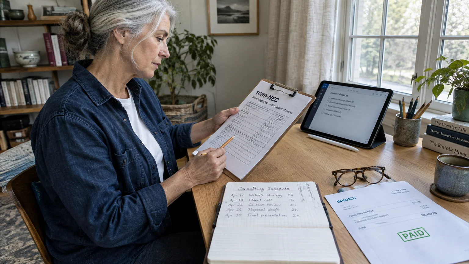 Woman sitting at a wooden desk reviewing a 1099-NEC tax form on a clipboard next to a tablet and notebook.