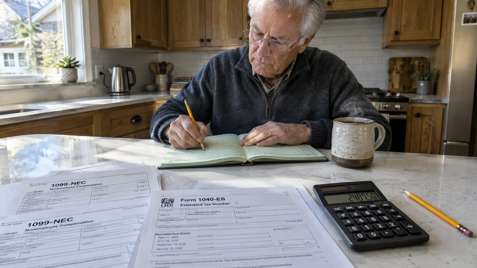 An older man wearing glasses writes in a ledger beside tax forms, a calculator, and a mug on a kitchen counter.