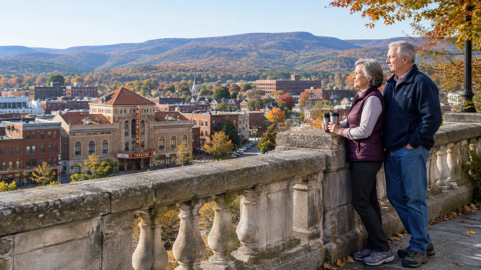 Older couple standing by a stone balustrade looking out over an autumn town with mountains in the background.