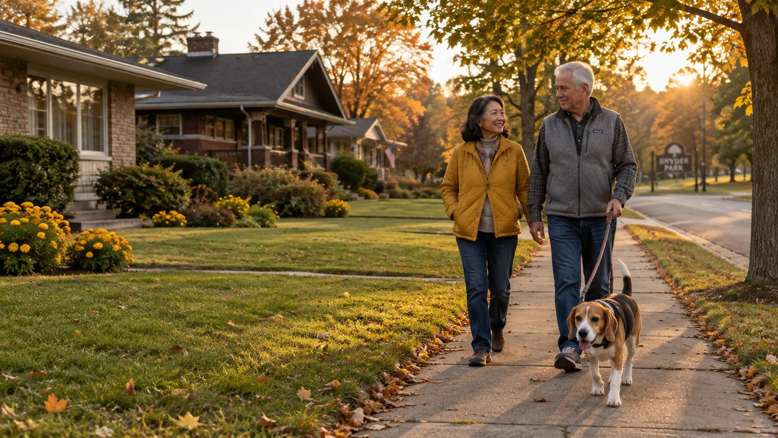 Older couple walking a beagle along a sidewalk in a quiet residential neighborhood lined with houses and autumn trees.