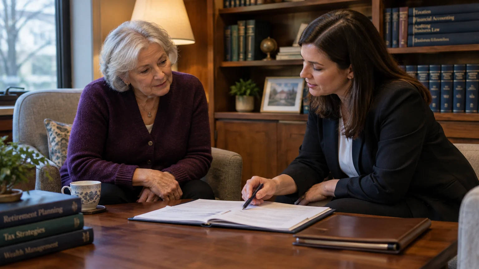 A professional woman in a suit points to documents on a wooden table while consulting with an older woman.