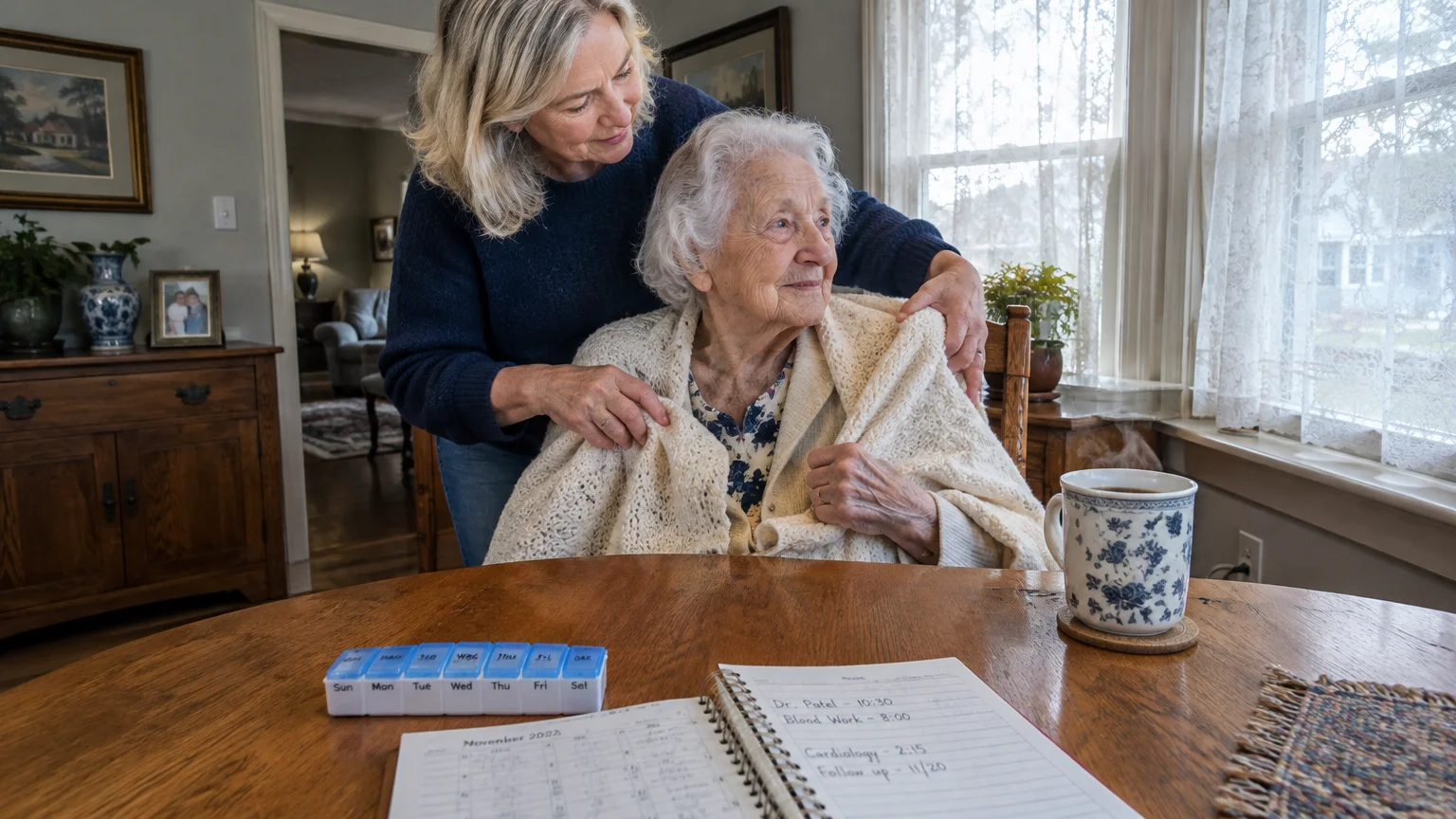 A woman adjusts a shawl around an elderly woman seated at a wooden table with a pill organizer and planner.