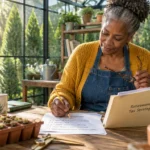 A senior woman reviews tax strategy papers and a checklist at a sunlit greenhouse table filled with plants.