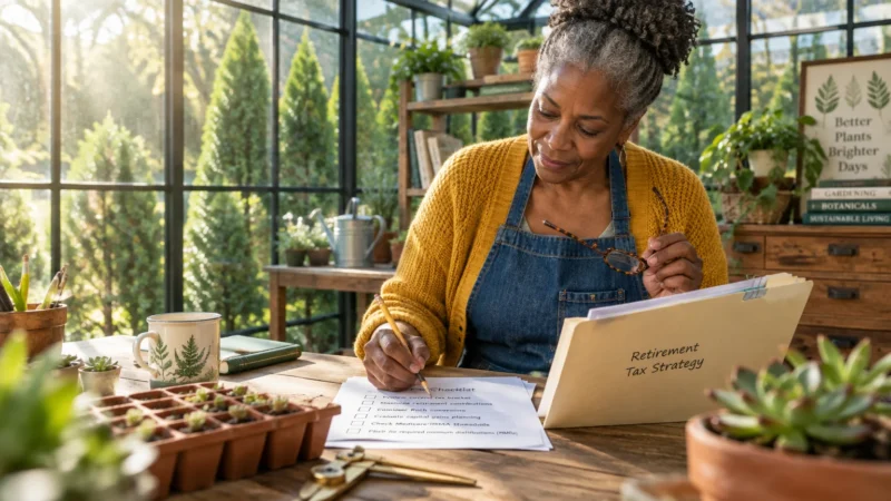 A senior woman reviews tax strategy papers and a checklist at a sunlit greenhouse table filled with plants.
