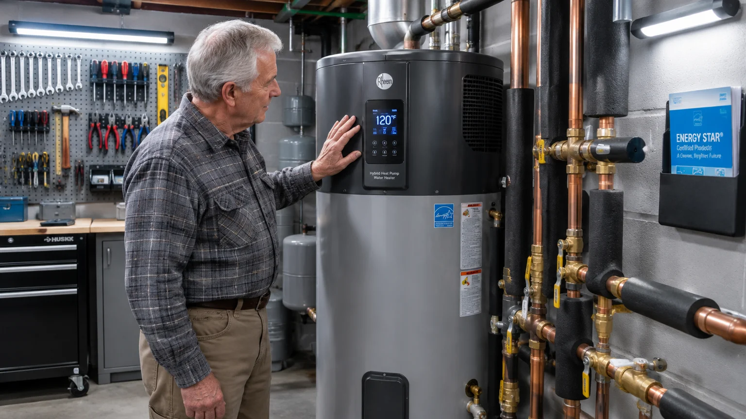 An older man inspecting the digital control screen of a hybrid heat pump water heater in a workshop basement.