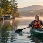 A smiling senior man in a life jacket paddles a green kayak across a misty lake at sunrise near a wooden dock.