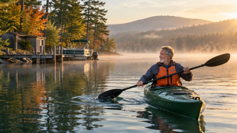 A smiling senior man in a life jacket paddles a green kayak across a misty lake at sunrise near a wooden dock.