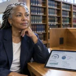 A woman sits at a wooden library desk next to a digital tablet displaying an excellent credit report summary.