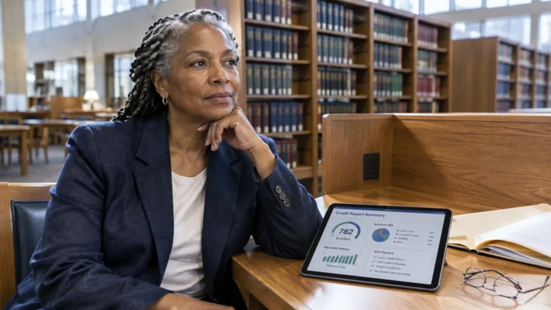 A woman sits at a wooden library desk next to a digital tablet displaying an excellent credit report summary.