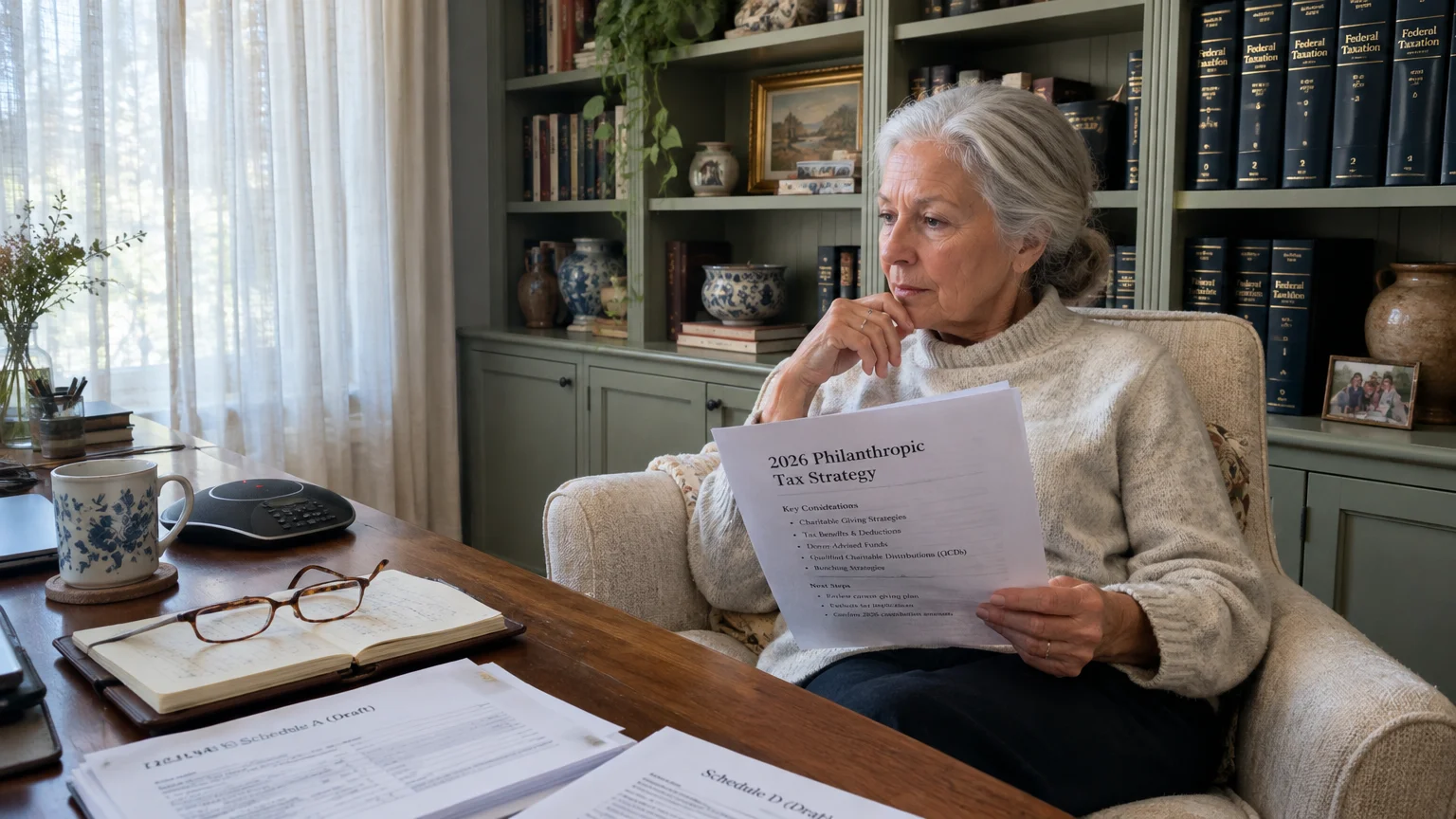 Senior woman sitting at an office desk holding a document titled 2026 Philanthropic Tax Strategy.