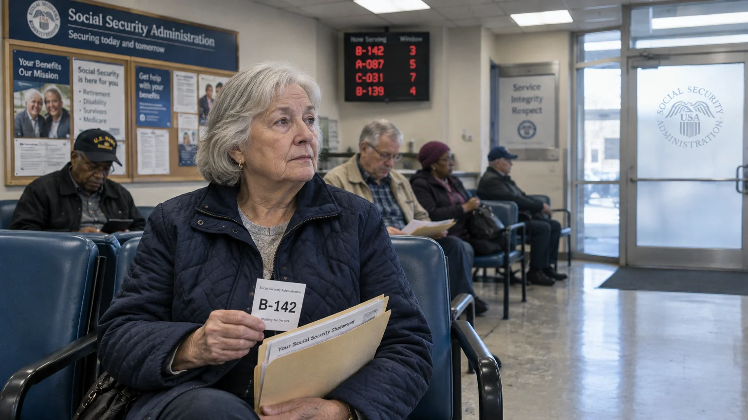 A senior woman holds a queue ticket and paperwork while sitting in a crowded Social Security Administration waiting room.