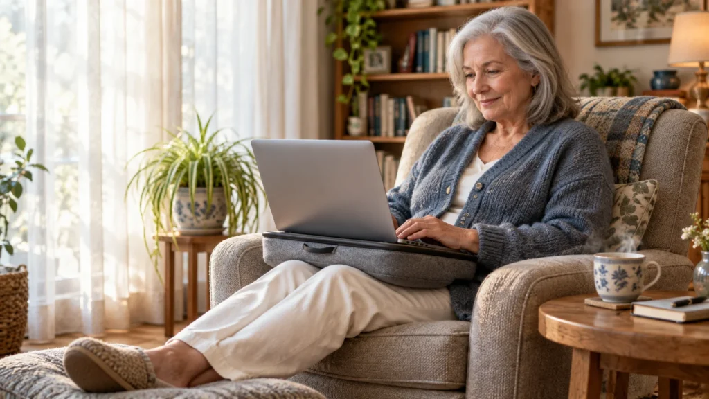 Senior woman working on a laptop resting on a lap desk while seated comfortably in an armchair with an ottoman.