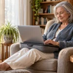 Senior woman working on a laptop resting on a lap desk while seated comfortably in an armchair with an ottoman.