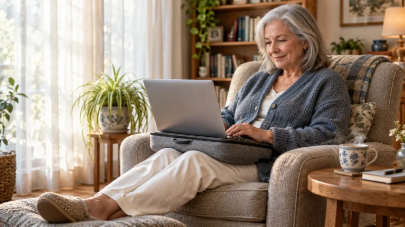 Senior woman working on a laptop resting on a lap desk while seated comfortably in an armchair with an ottoman.