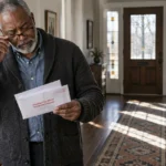 A senior man in glasses opens mail marked "Important Tax Return Document Enclosed" inside a home entryway.