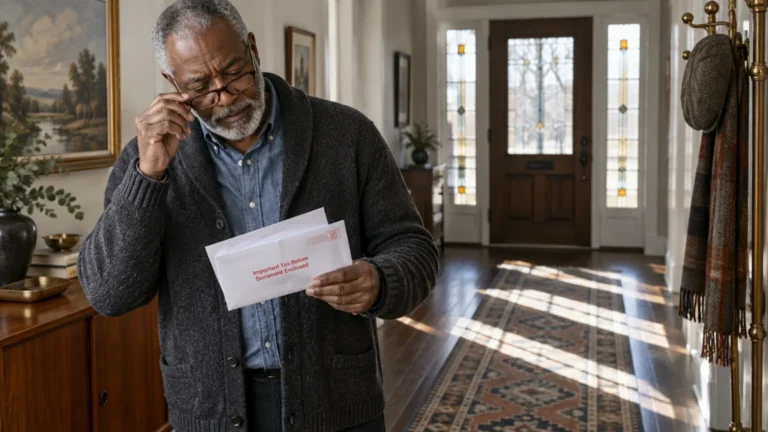 A senior man in glasses opens mail marked "Important Tax Return Document Enclosed" inside a home entryway.