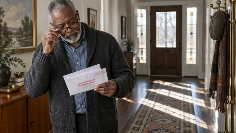 A senior man in glasses opens mail marked "Important Tax Return Document Enclosed" inside a home entryway.