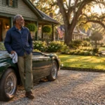 Older man leans against a green vintage convertible parked on a gravel driveway in a tree-lined suburban neighborhood.