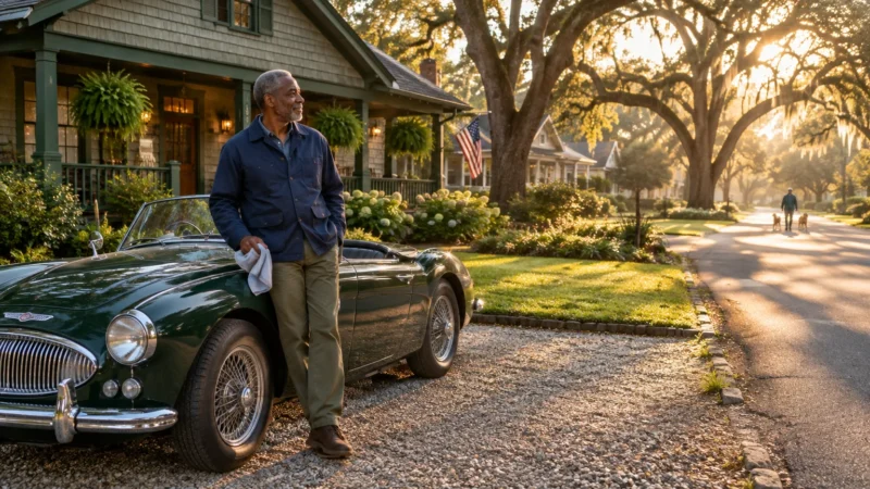 Older man leans against a green vintage convertible parked on a gravel driveway in a tree-lined suburban neighborhood.