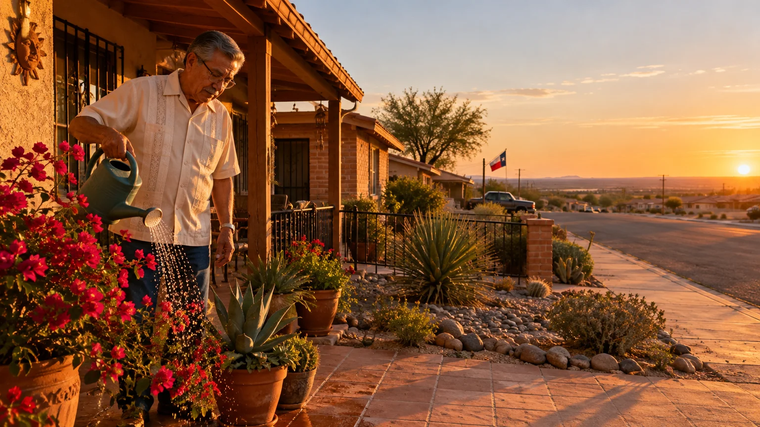 An older man waters potted flowers on a sunny suburban front porch at sunset along a desert street.